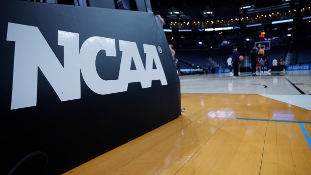 Mar 16, 2023; Columbus, OH, USA; NCAA logo shown during NCAA Tournament First Round Columbus Practice at Nationwide Arena. Mandatory Credit: Rick Osentoski-USA TODAY Sports